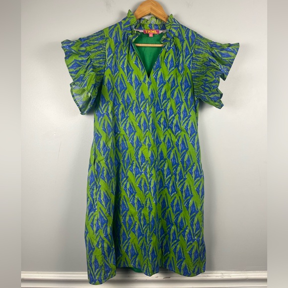 THML Dresses & Skirts - THML Green and Blue 100% cotton mini dress flutter sleeves size XS